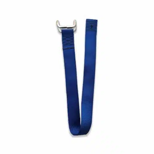 Blue curtainside bottom strap with closed rave hook, 43mm x 790mm